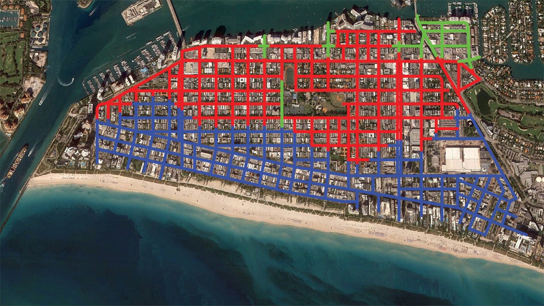 satellite image of South Beach showing streets that have been raised, those planned to be raised, and those high enough not to need to be raised in the near future.